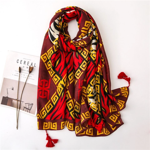 Sciarpa Scialle Stampa Etnica Donna Motivo Zebra Cotone Poliestere Protezione Solare Spiaggia Con Nappe