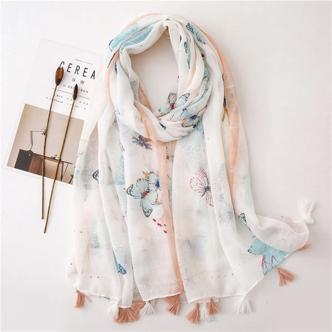 Sciarpa Con Stampa Farfalla Cotone Lino Paillettes E Nappine Scialle Protezione Solare Leggero Donna