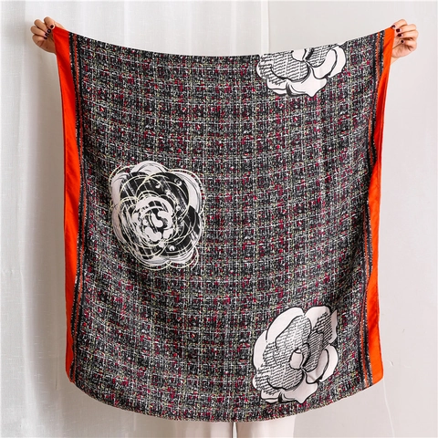 Eleganter Schal Mit Kamelienblüten Druck Für Damen Satinnimitat Tweed Muster Sonnenschutz Leichter Wickelschal