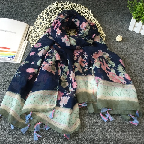 Sciarpa da Donna alla Moda con Stampa Floreale Scialle in Misto Cotone Leggero con Nappe Morbido Copricostume da Spiaggia per Viaggi Decorazione Quotidiana Accessorio