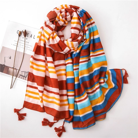 Écharpe Rayée Ethnique Vintage Châle Coton Polyester Avec Glands Pour Femmes Protection Solaire Plage Doux Léger