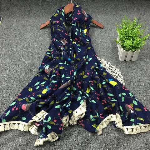 Sciarpa In Cotone Stile Etnico Retro Blu Navy Stampa Uccelli E Fiori Scialle Con Nappe Per Donna