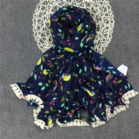 Sciarpa In Cotone Stile Etnico Retro Blu Navy Stampa Uccelli E Fiori Scialle Con Nappe Per Donna