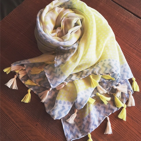Sciarpa Di Cotone Scialle Donna Motivo Geometrico Ondulato Nappa Decorativa Spiaggia Avvolgente Solare Accessorio Moda Estate