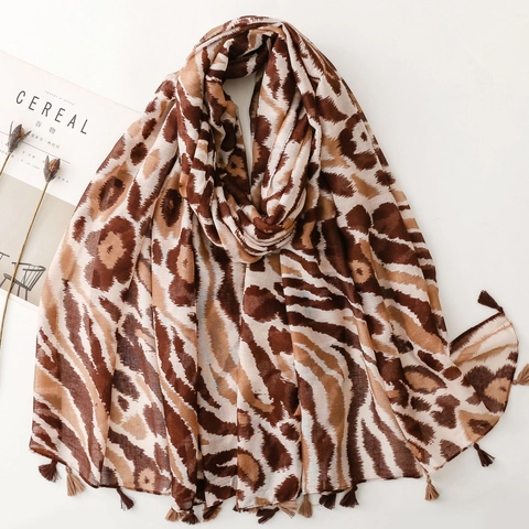 Écharpe Châle Imprimé Animal Avec Glands Motif Zèbre Léopard Voile Polyester Pour Femmes Plage Voyage Protection Solaire