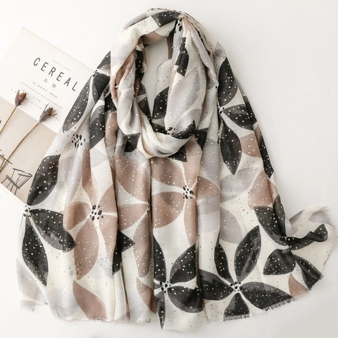 Women Scarf Shawl Cotton Linen Feel Polyester Bronzing Gold Dots Floral Print Sun Protection Elegant Travel Wrap Frayed Edge