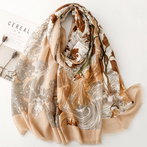 Modischer Schal Mit Goldfolien Druck Fransenrand Weich Polyester Baumwolle Mischung Tuch Für Sonnenschutz
