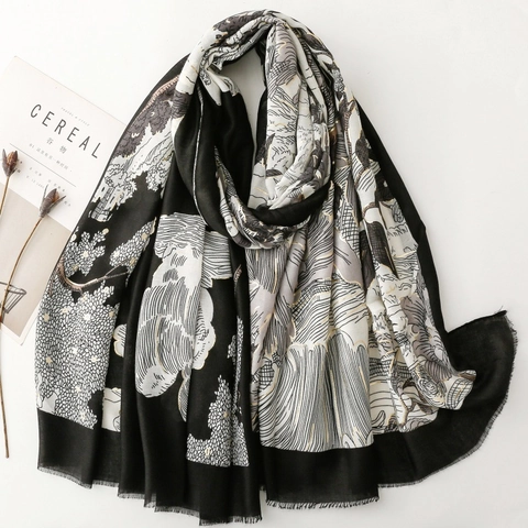 Modischer Schal Mit Goldfolien Druck Fransenrand Weich Polyester Baumwolle Mischung Tuch Für Sonnenschutz