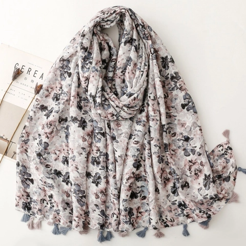 Écharpe Châle Pour Femmes Imprimé Floral Polyester Sensation Coton Glands Style Ethnique Protection Solaire Élégant