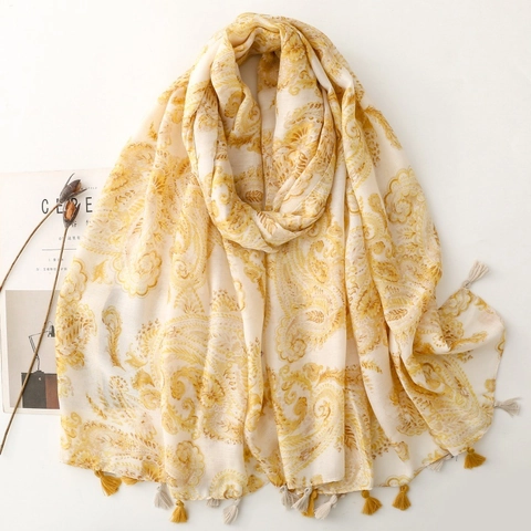 Paisley Scarf Shawl Ethnic Print Cotton Polyester Blend Tassel Fringe Soft Sun Protection Travel Beach Wraps For Women