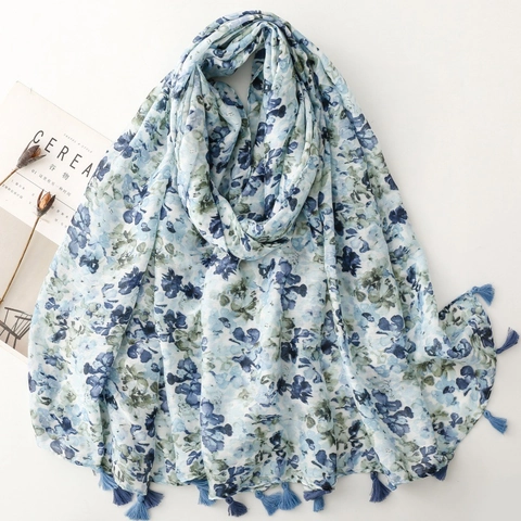 Écharpe Châle Pour Femmes Imprimé Floral Polyester Sensation Coton Glands Style Ethnique Protection Solaire Élégant