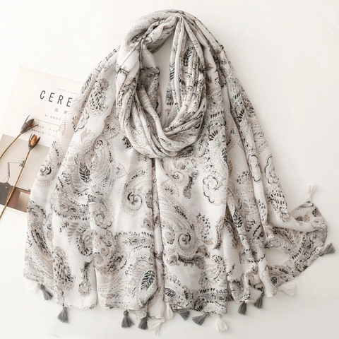 Paisley Scarf Shawl Ethnic Print Cotton Polyester Blend Tassel Fringe Soft Sun Protection Travel Beach Wraps For Women