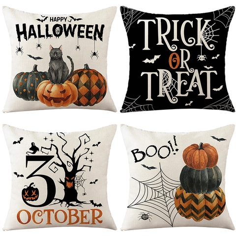Halloween Pillow Covers Decorative Cushion Covers Polyester Linen Pumpkin Bat Black Cat Theme Happy Halloween Decor