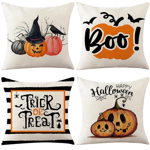Fodera Per Cuscino Halloween Poliestere Effetto Lino Stampa Zucca Fantasma Decorazione Divano