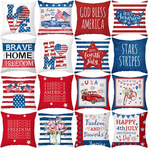 American Independence Day Pillow Covers Peach Skin Patriotic USA Flag Star Stripes Red White Blue Home Decorative Cushion Cases