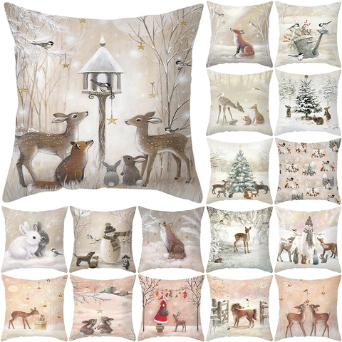 Kerst Eland Dier Bedrukte Polyester Vierkante Kussenhoes Decoratieve Kussensloop Voor Thuis Sofa Woonkamer Slaapkamer Decoratie