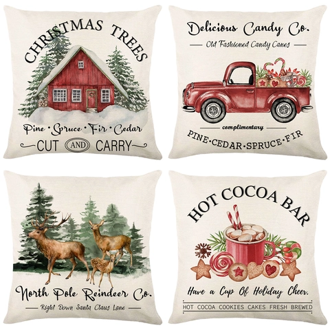 Christmas Throw Pillow Covers Polyester Linen Blend Reindeer Red Truck Square Decorative Cushion Cases Sofa Home Decor