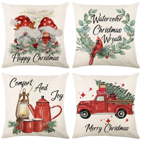 Federe Natalizie Poliestere Trama Lino Quadrate Copricuscini Decorativi Festivo Vintage Gnomo Camion Stampa Decorazione Casa