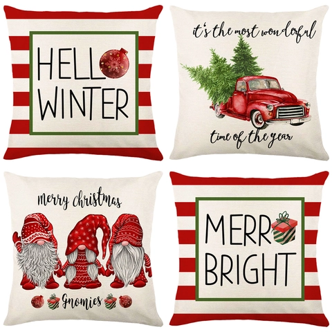 Weihnachts Kissenbezug Polyester Leinen Winter Urlaub Roter LKW Gnom Streifen Heimdeko Für Sofa Bett