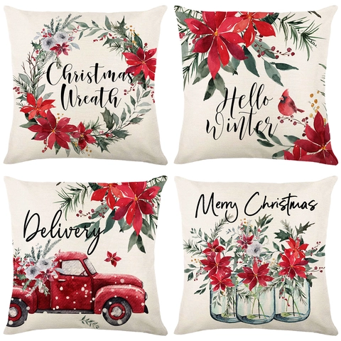 Fundas De Cojín De Navidad Mezcla De Lino Poliéster Corona Floral Camión Rojo Decoración Navideña Sofá Invierno
