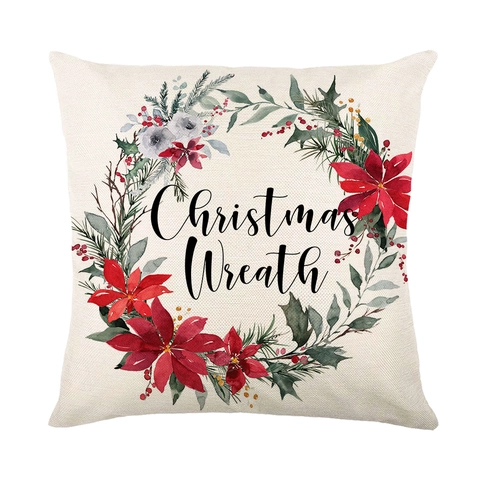 Fundas De Cojín De Navidad Mezcla De Lino Poliéster Corona Floral Camión Rojo Decoración Navideña Sofá Invierno
