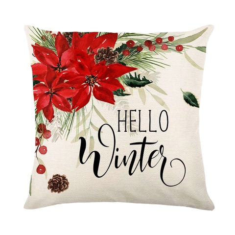 Funda De Cojín De Navidad Imitación Lino Estampado Flores Letras Decoración Sofá Hogar Vacaciones Cuadrada