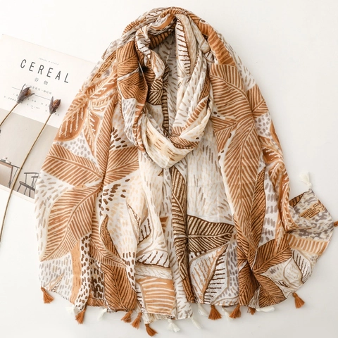 Tropical Leaf Print Scarf Shawl Wrap Polyester Cotton Blend With Tassels Bohemian Ethnic Style Lightweight Sun Protection