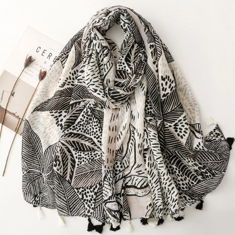 Tropical Leaf Print Scarf Shawl Wrap Polyester Cotton Blend With Tassels Bohemian Ethnic Style Lightweight Sun Protection