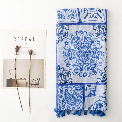 Écharpe Châle Rétro Imprimé Porcelaine Bleu Blanc Gland Polyester Voile Respirant Style Bohème Ethnique Pour Femmes Plage