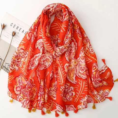 Boheems Bloemprint Sjaal Voor Dames Polyester Voile Lichtgewicht Zonbescherming Reizen Strand Vintage Etnisch Kwastjes
