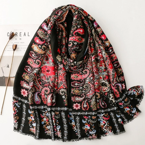 Ethnic Paisley Floral Satin Scarf For Women Golden Bronzing Printed Long Shawl Bohemian Travel Headscarf Black Rose Red