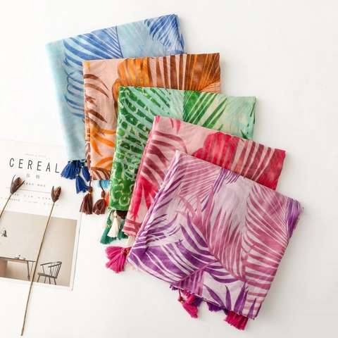 Women Tropical Palm Leaf Print Scarf Polyester Metallic Gold Thread Tassel Fringe Lightweight Summer Sun Protection Beach Shawl Wrap