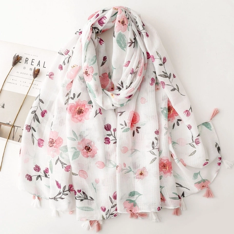 Women Floral Scarf Cotton Linen Feel Shawl With Silver Sparkle Thread Tassel Elegant Summer Sun Protection Wrap
