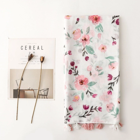Women Floral Scarf Cotton Linen Feel Shawl With Silver Sparkle Thread Tassel Elegant Summer Sun Protection Wrap
