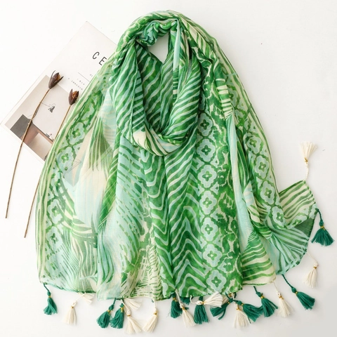 Women Tropical Palm Leaf Print Scarf Polyester Metallic Gold Thread Tassel Fringe Lightweight Summer Sun Protection Beach Shawl Wrap
