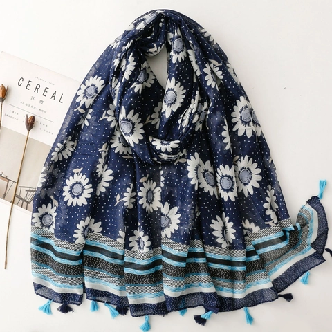 Sciarpa Bohemienne Stile Etnico Blu Notte Stampa Girasoli Pois Scialle Con Nappe Poliestere Leggero Da Donna