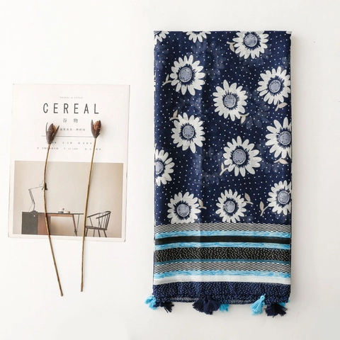 Sciarpa Bohemienne Stile Etnico Blu Notte Stampa Girasoli Pois Scialle Con Nappe Poliestere Leggero Da Donna