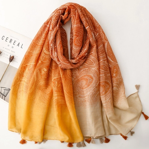 Bohemian Paisley Print Shawl Scarf Women Gradient Polyester Voile Tassel Retro Ethnic Travel Beach Sunscreen Wrap