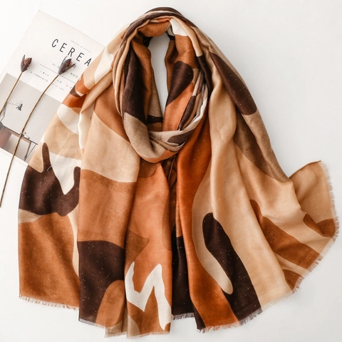 Écharpe Châle Femme Sensation Coton Lin Polyester Imprimé Camouflage Paillettes Dorées Wrap Mode Bord Effiloché Toutes Saisons