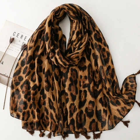 Écharpe À Imprimé Léopard Polyester Voile Léger Gland Grand Châle Protection Solaire Voyage Mode Femmes