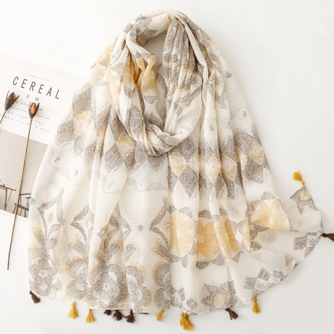 Pañuelo Chal De Voile De Poliéster Con Estampado Floral Geométrico Bohemio Con Borlas Vintage Étnico Viaje Para Mujeres