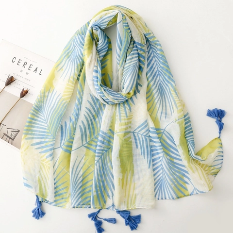 Sciarpa Da Donna Con Stampa Foglie Di Palma Tropicale Voile Di Poliestere Scialle Leggero Protezione Solare Con Nappe