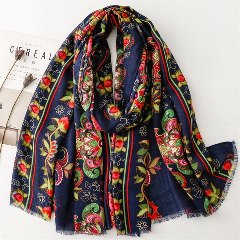 Écharpe Châle Motif Paisley Floral Ethnique Polyester Doux Chaud Enveloppement Hiver Femmes Bleu Marine Accessoires
