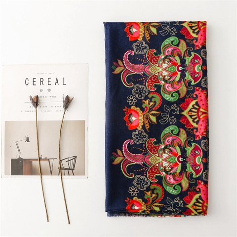 Écharpe Châle Motif Paisley Floral Ethnique Polyester Doux Chaud Enveloppement Hiver Femmes Bleu Marine Accessoires