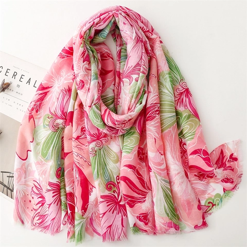 Dames Sjaal Met Bloemenprint Polyester Katoen Linnen Gevoel Visgraatpatroon Licht Ademend Zonbescherming Mode Omslagdoek