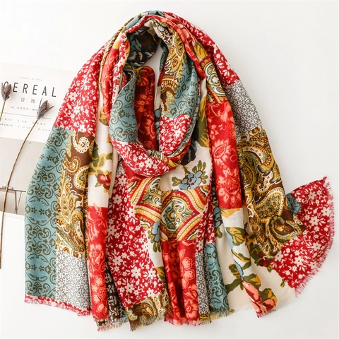 Écharpe Patchwork Ethnique Femme Vintage Motif Paisley Floral Châle Doux Herringbone Polyester Sensation Coton Longue À Franges