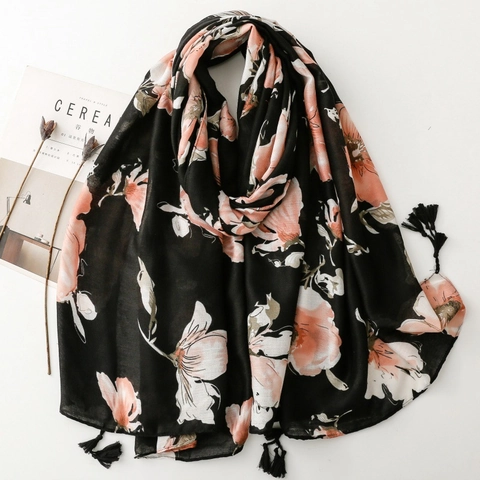 Écharpe Châle À Pampilles Imprimé Floral Vintage Femme Polyester Sensation Coton Lin Motif Chevrons Grandes Fleurs