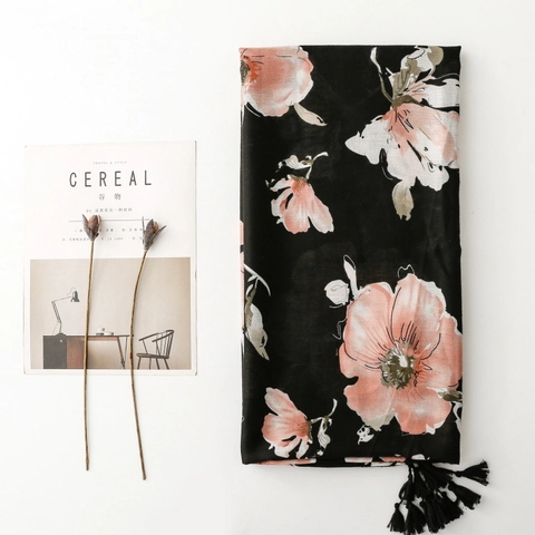 Écharpe Châle À Pampilles Imprimé Floral Vintage Femme Polyester Sensation Coton Lin Motif Chevrons Grandes Fleurs