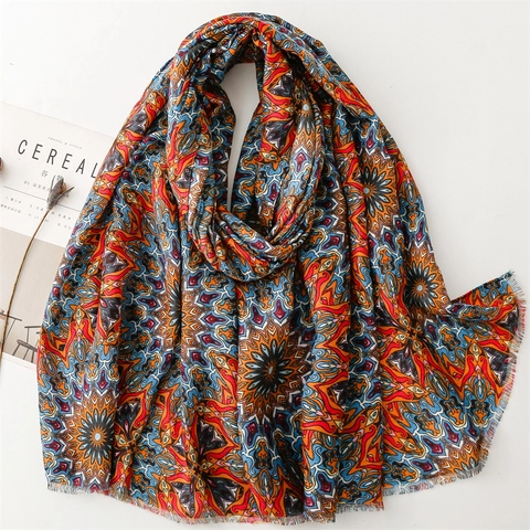 Écharpe À Imprimé Géométrique Mandala Bohème Ethnique Vintage Grand Châle Polyester Léger Avec Glands Pour Femmes
