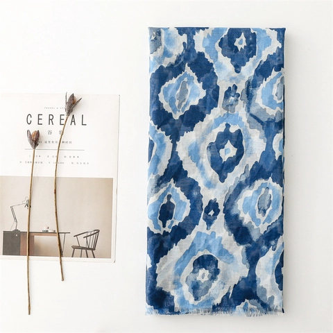 Écharpe Châle Mode Femmes Polyester Voile Léger Respirant Bord Brut Franges Abstrait Bleu Motif Géométrique Artistique Envelopper